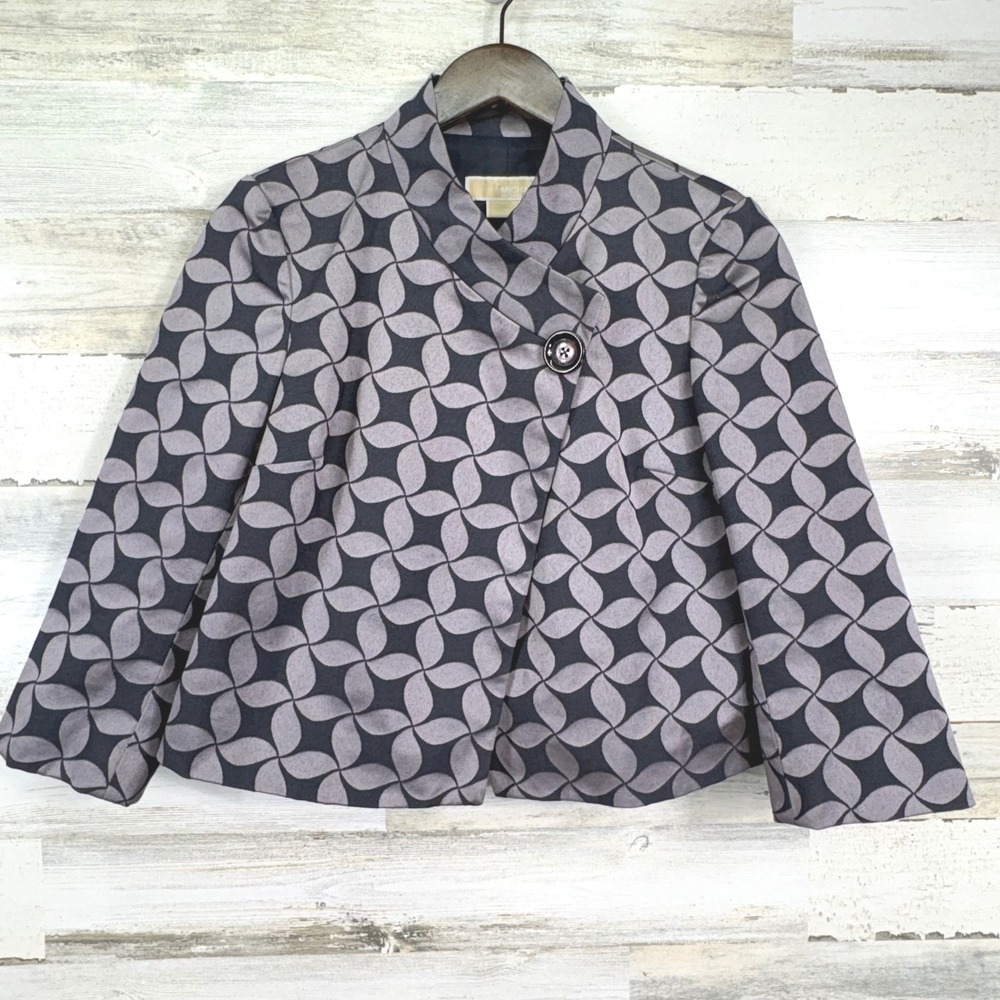 MICHAEL‎ Michael Kors Womens Black Gray Geometric Print Blazer Jacket Size 2
